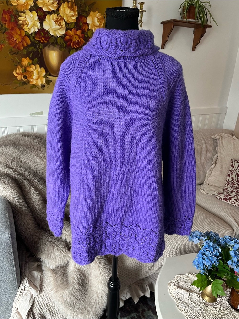 Women’s Vintage Handknit Lilac Purple Cable Knit Trim Cozy Turtleneck Sweater M